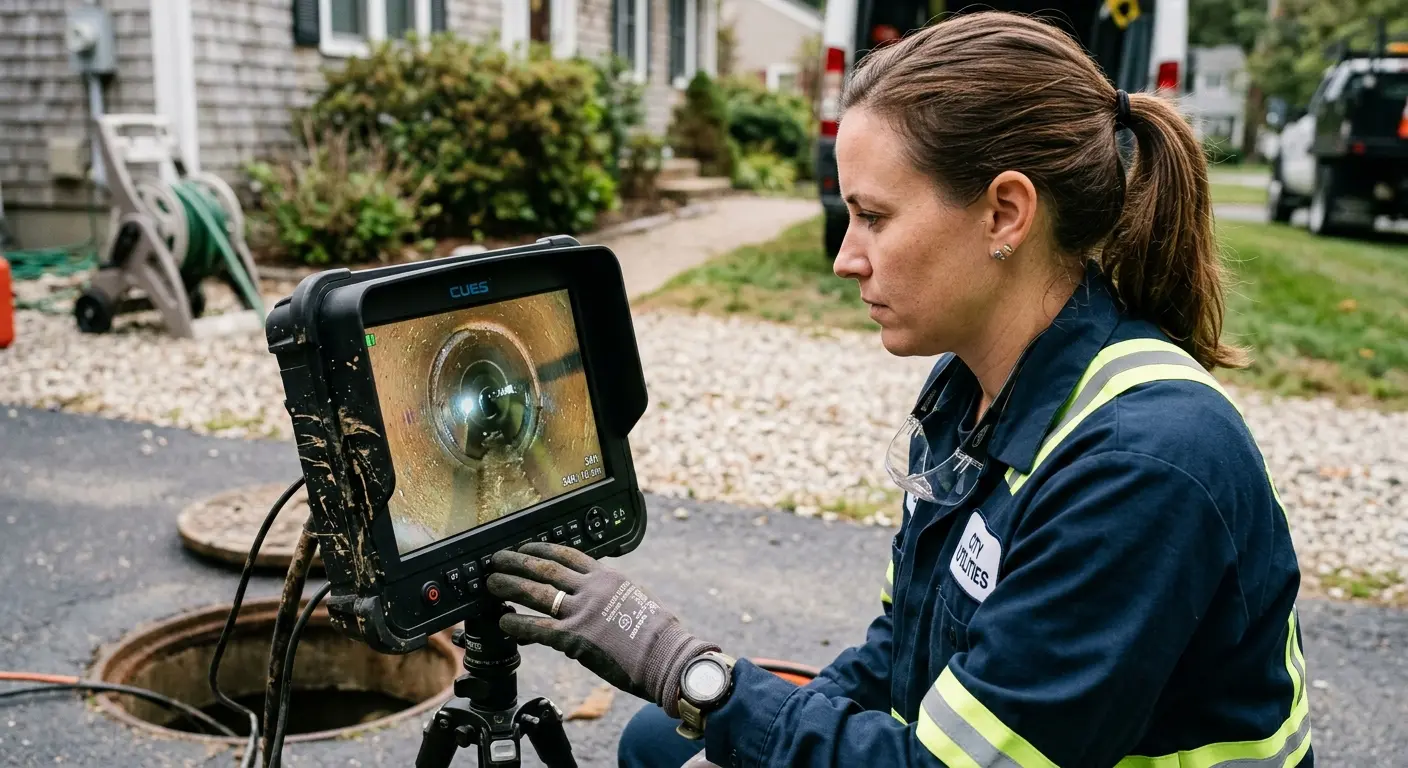 Technician reviewing sewer camera inspection footage in St. Johnsbury