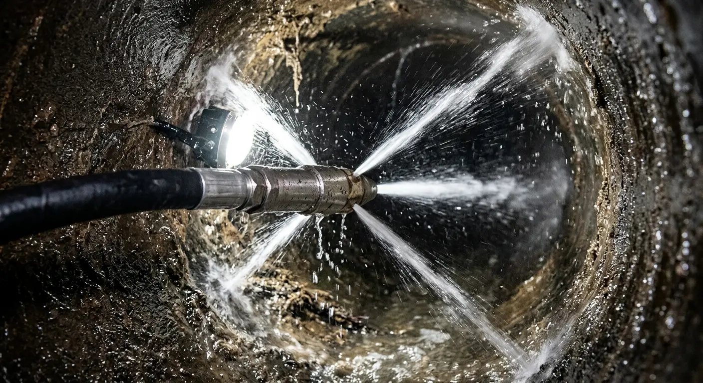 High-pressure hydro jetting nozzle cleaning sewer pipe for Trenchless Sewer Repair in St. Johnsbury
