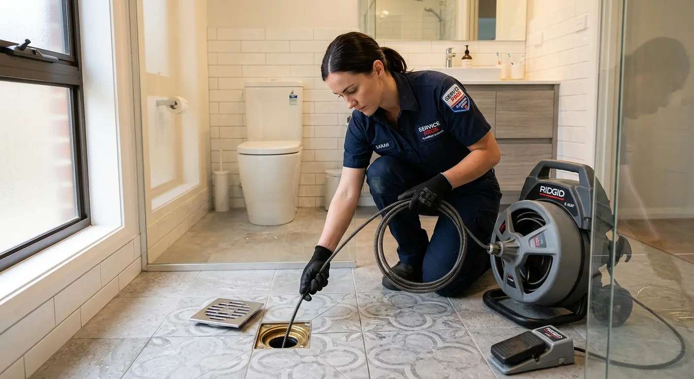 Technician clearing a bathroom floor drain for Sewer Line Replacement in St. Johnsbury